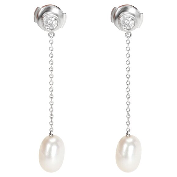 Tiffany Co Elsa Peretti Platinum Diamond By The Yard Pearl Dangle Drop Earrings - Picture 1 of 5